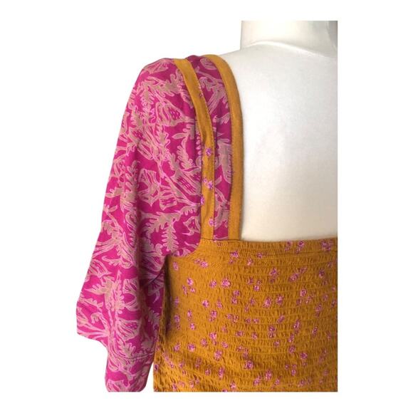 Free People NWT Chic Mix Print Effortless Style Comfort Smocked Golden Combo SM - Picture 8 of 16